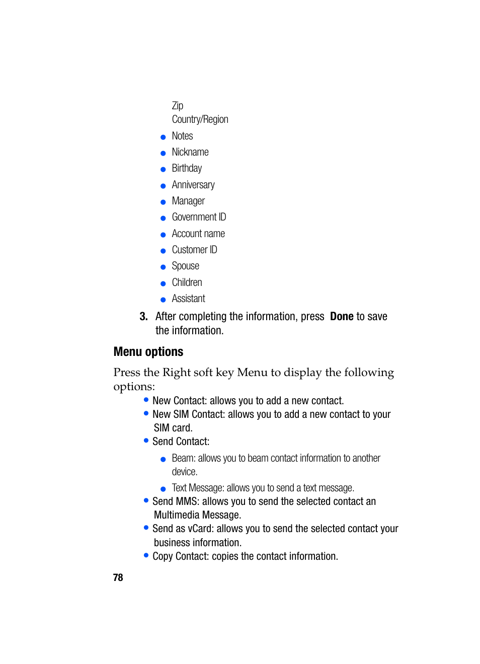 Menu options | Samsung SGH-i607 User Manual | Page 78 / 223