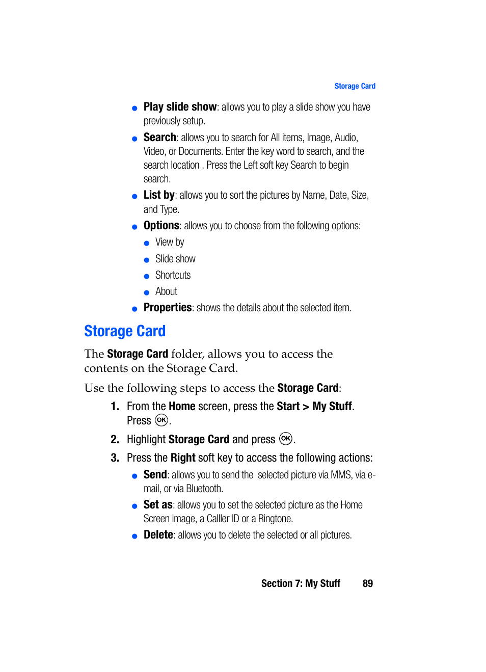 Storage card, Play slide show, Search | List by, Options, Properties, Highlight storage card and press, Send, Set as, Delete | Samsung SGH-i607 User Manual | Page 89 / 223