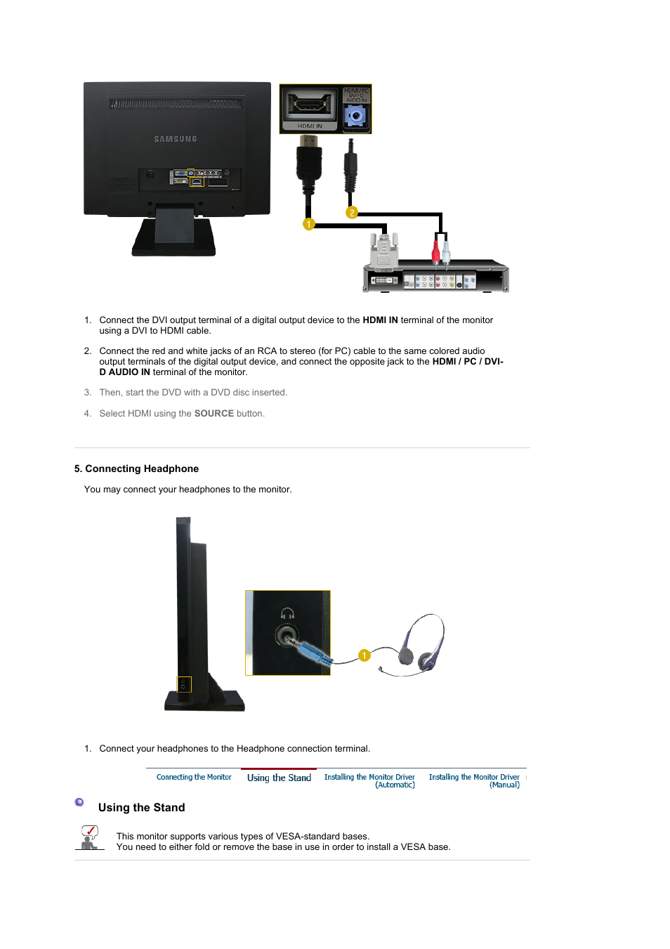 Using the stand | Samsung 225MW User Manual | Page 24 / 58