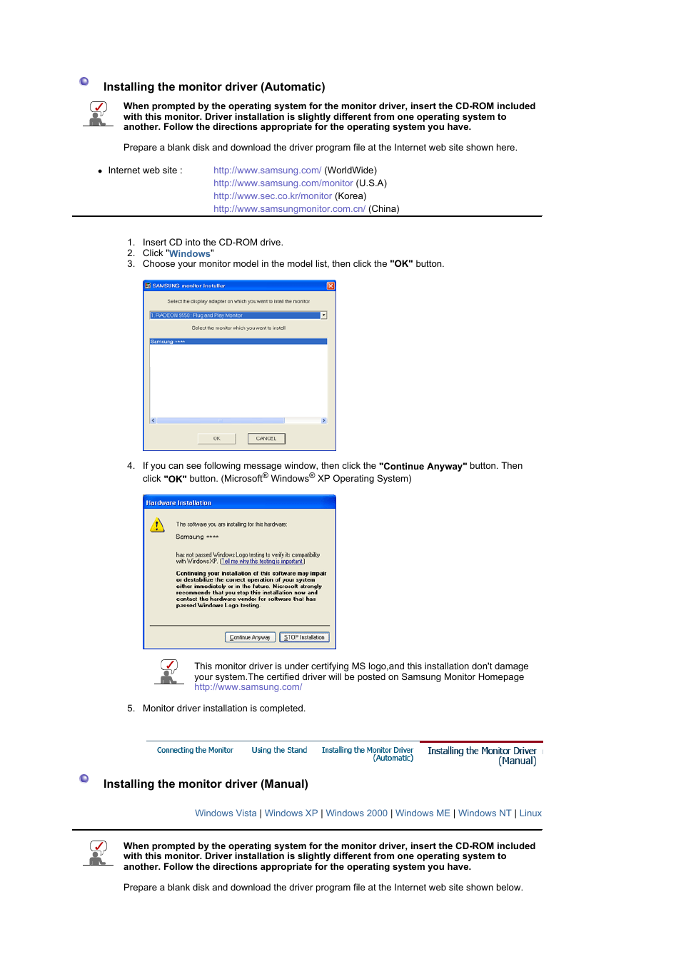 Installing the monitor driver(manual) | Samsung 225MW User Manual | Page 26 / 58