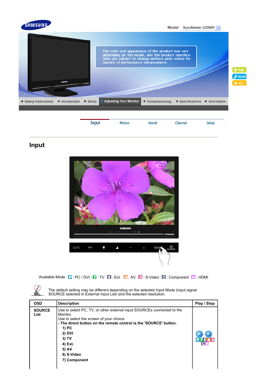 Adjusting your monitor, Input, Picture | Samsung 225MW User Manual | Page 33 / 58