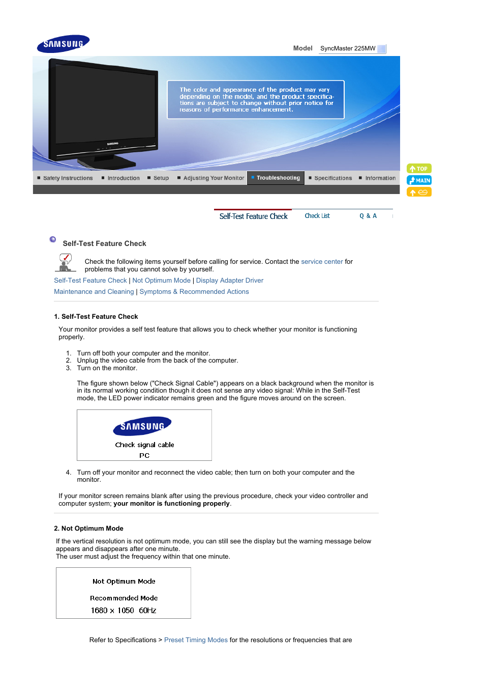 Troubleshooting, Self-test feature check, Check& list | Samsung 225MW User Manual | Page 42 / 58