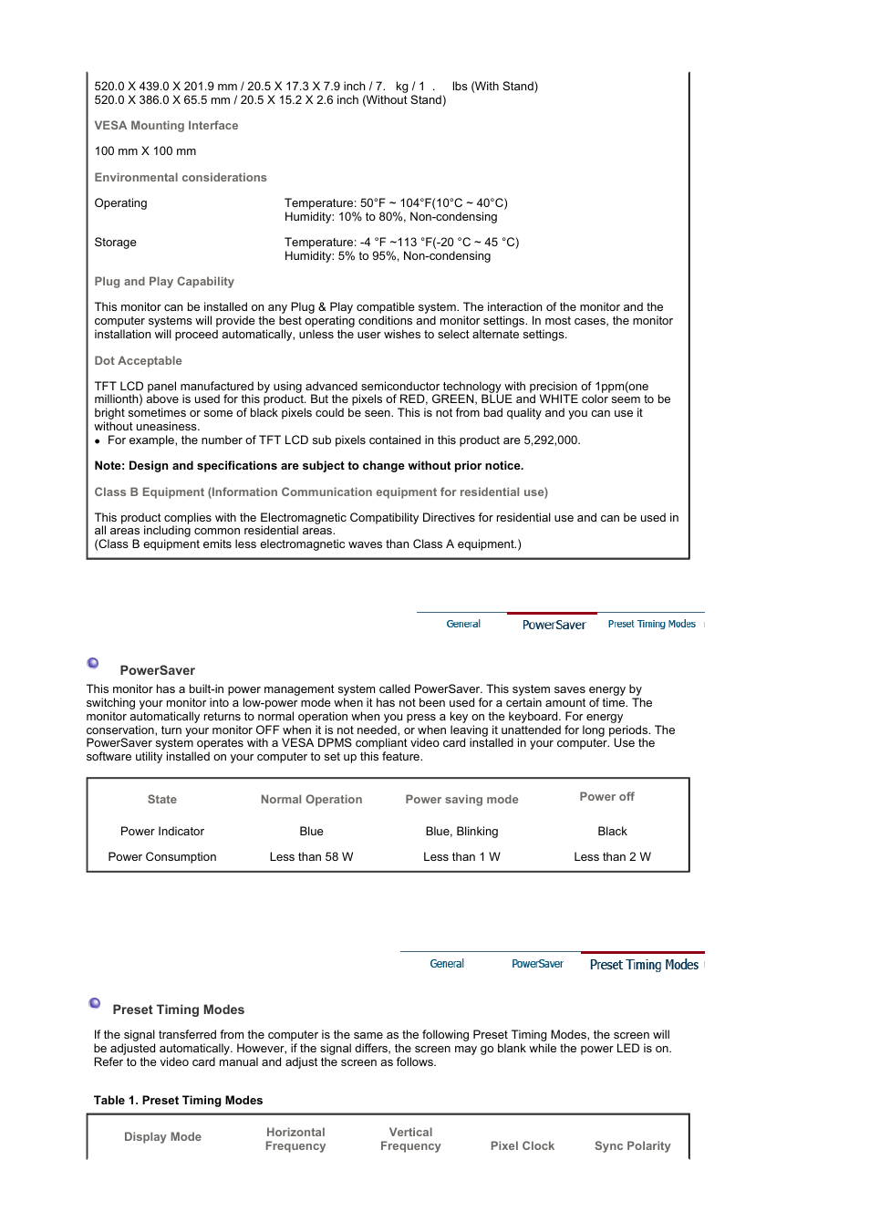 Powersaver, Preset timing modes | Samsung 225MW User Manual | Page 48 / 58