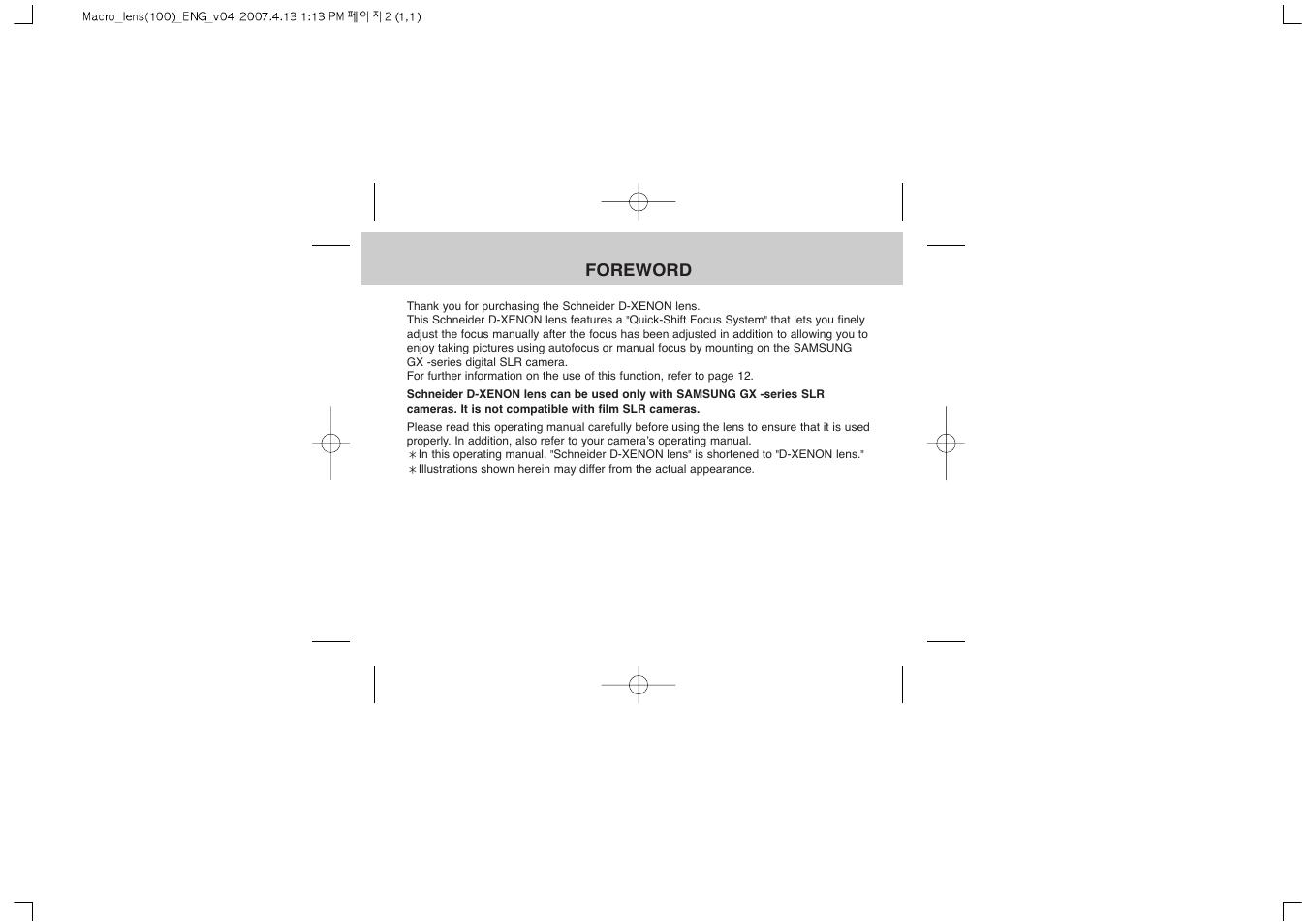 Foreword | Samsung Schneider D-XENON 100 Macro User Manual | Page 2 / 27