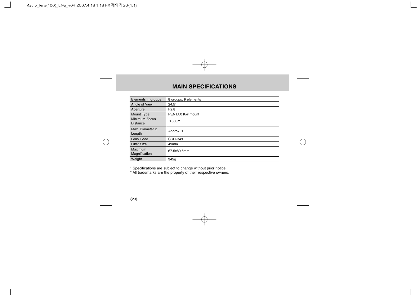 Main specifications | Samsung Schneider D-XENON 100 Macro User Manual | Page 22 / 27