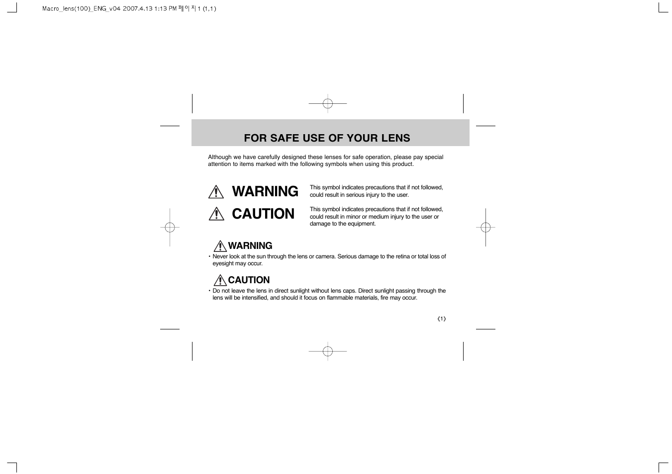 Warning, Caution | Samsung Schneider D-XENON 100 Macro User Manual | Page 3 / 27