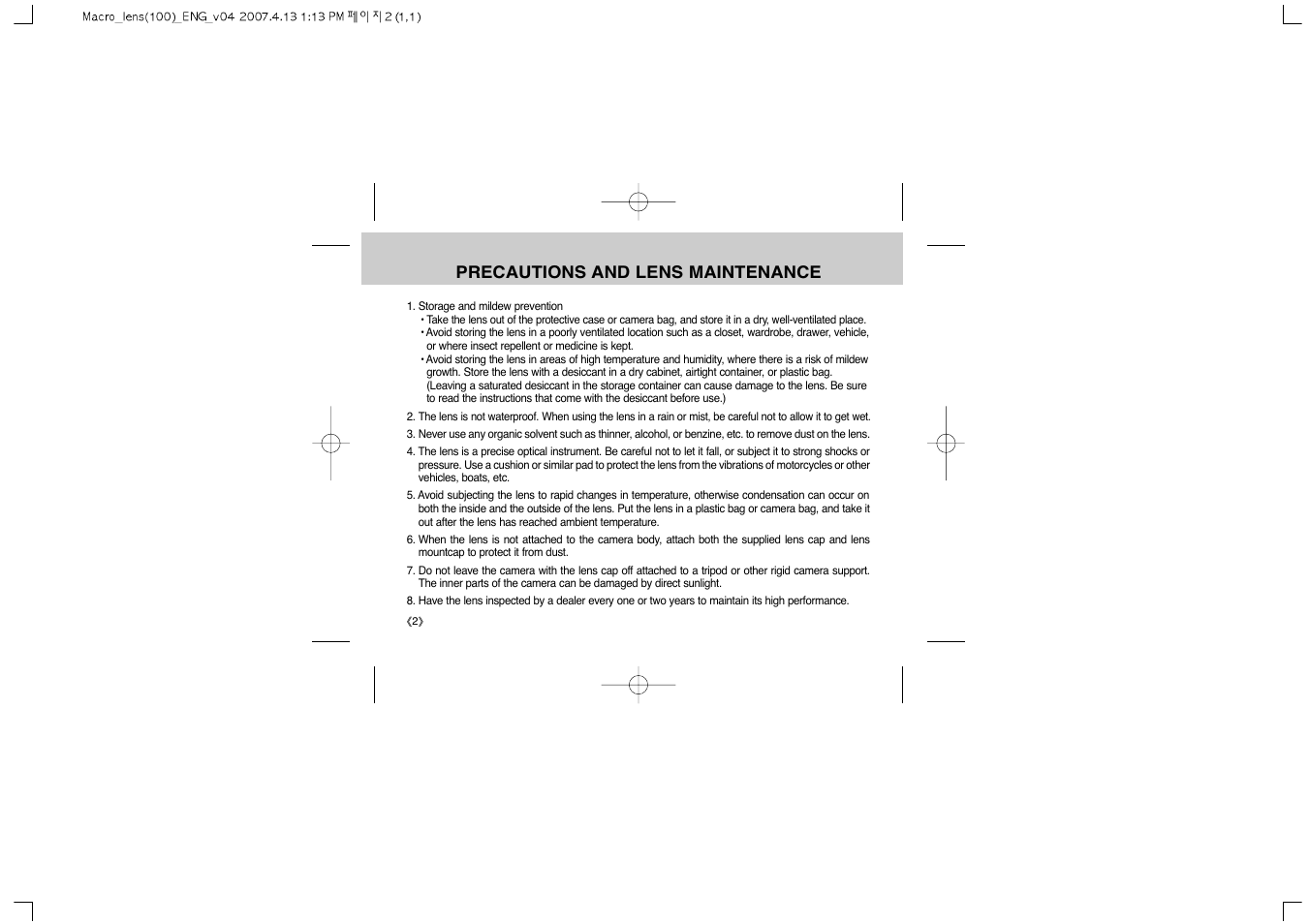 Precautions and lens maintenance | Samsung Schneider D-XENON 100 Macro User Manual | Page 4 / 27