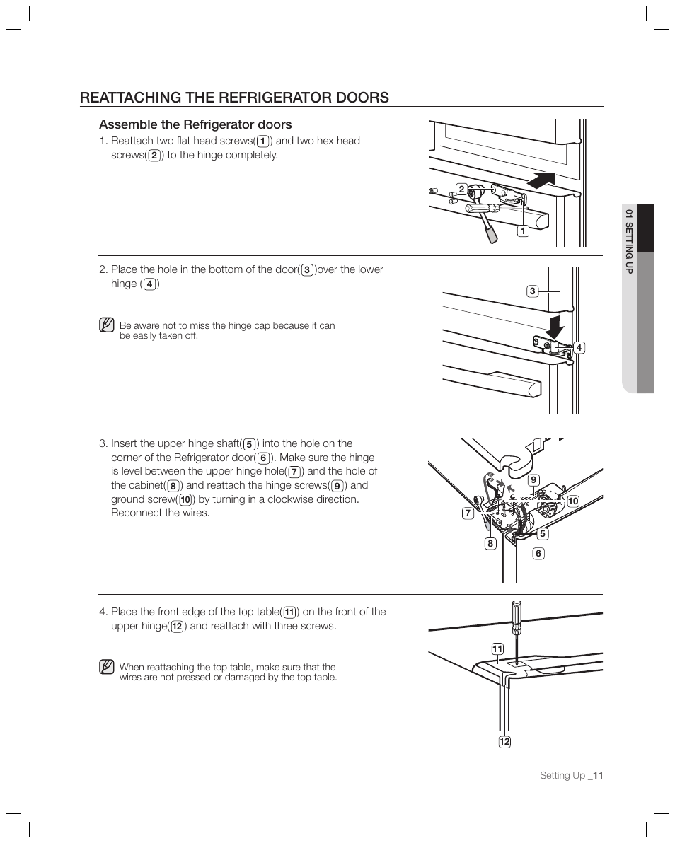 Reattaching the refrigerator doors, Assemble the refrigerator doors | Samsung RF265AA User Manual | Page 11 / 36