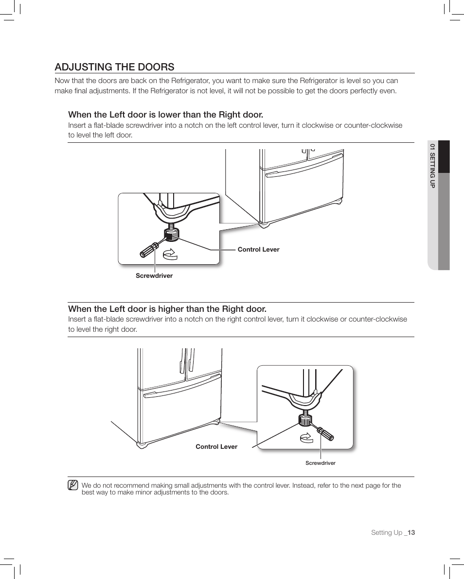 Adjusting the doors, When the left door is lower than the right door, When the left door is higher than the right door | Samsung RF265AA User Manual | Page 13 / 36