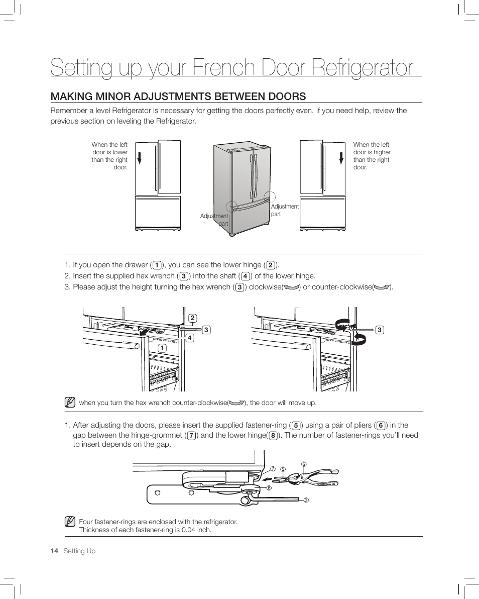 Making minor adjustments betwen doors, Setting up your french door refrigerator, Making minor adjustments between doors | Samsung RF265AA User Manual | Page 14 / 36