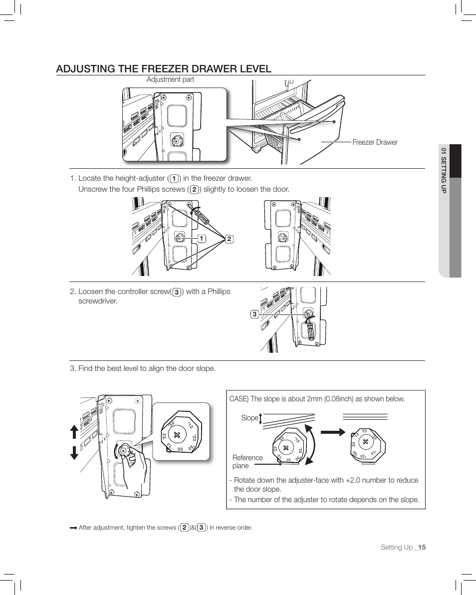 Adjusting the freezer drawer level | Samsung RF265AA User Manual | Page 15 / 36