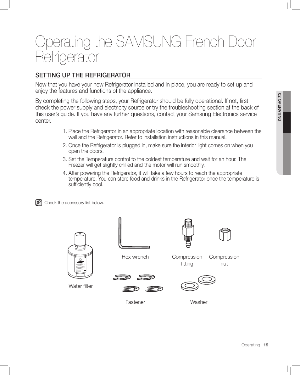 Operating the samsung french doorrefrigerator, Seting up the refrigerator, Operating the samsung french door refrigerator | Samsung RF265AA User Manual | Page 19 / 36