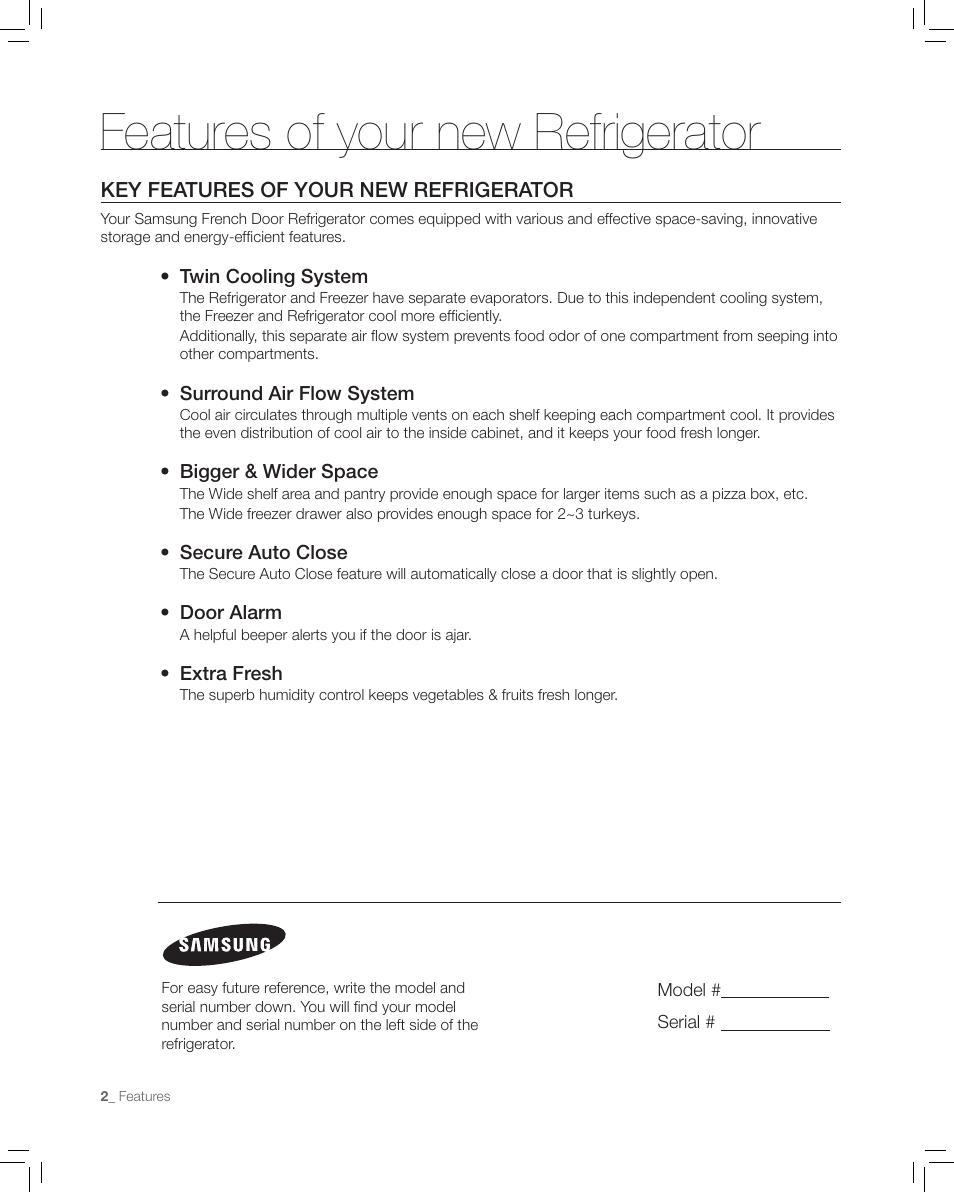 Features of your new refrigerator, Key features of your new refrigerator | Samsung RF265AA User Manual | Page 2 / 36