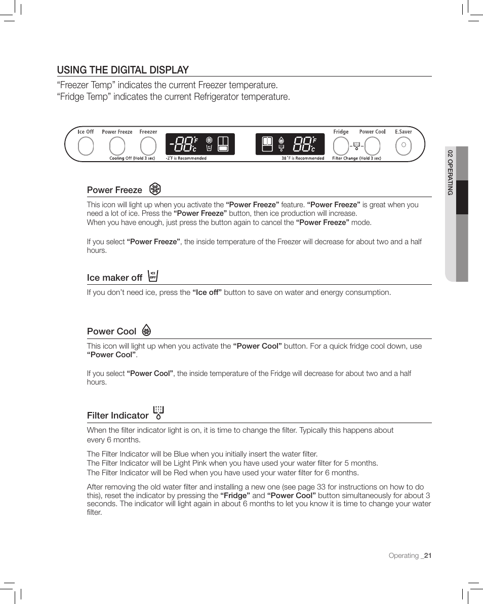 Using the digital display | Samsung RF265AA User Manual | Page 21 / 36