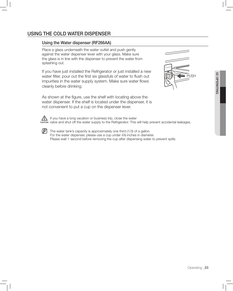 Using the cold water dispenser, Using the water dispenser (rf266aa) | Samsung RF265AA User Manual | Page 23 / 36