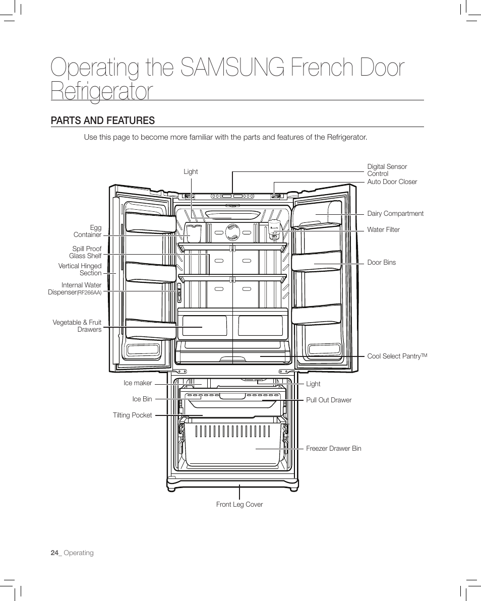 Parts and features, Operating the samsung french door refrigerator | Samsung RF265AA User Manual | Page 24 / 36