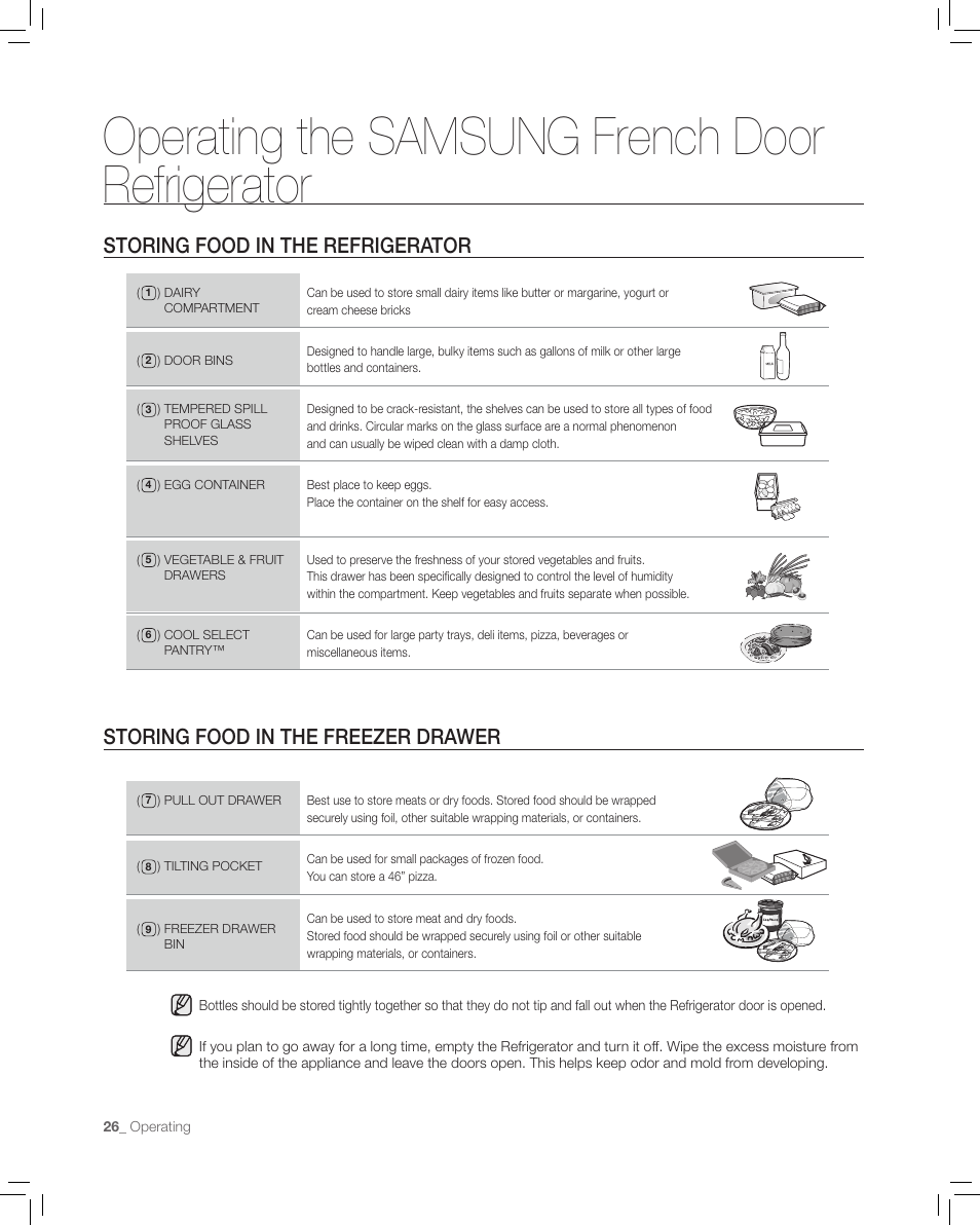 Storing food in the refrigerator, Storing food in the freezer drawer, Operating the samsung french door refrigerator | Samsung RF265AA User Manual | Page 26 / 36