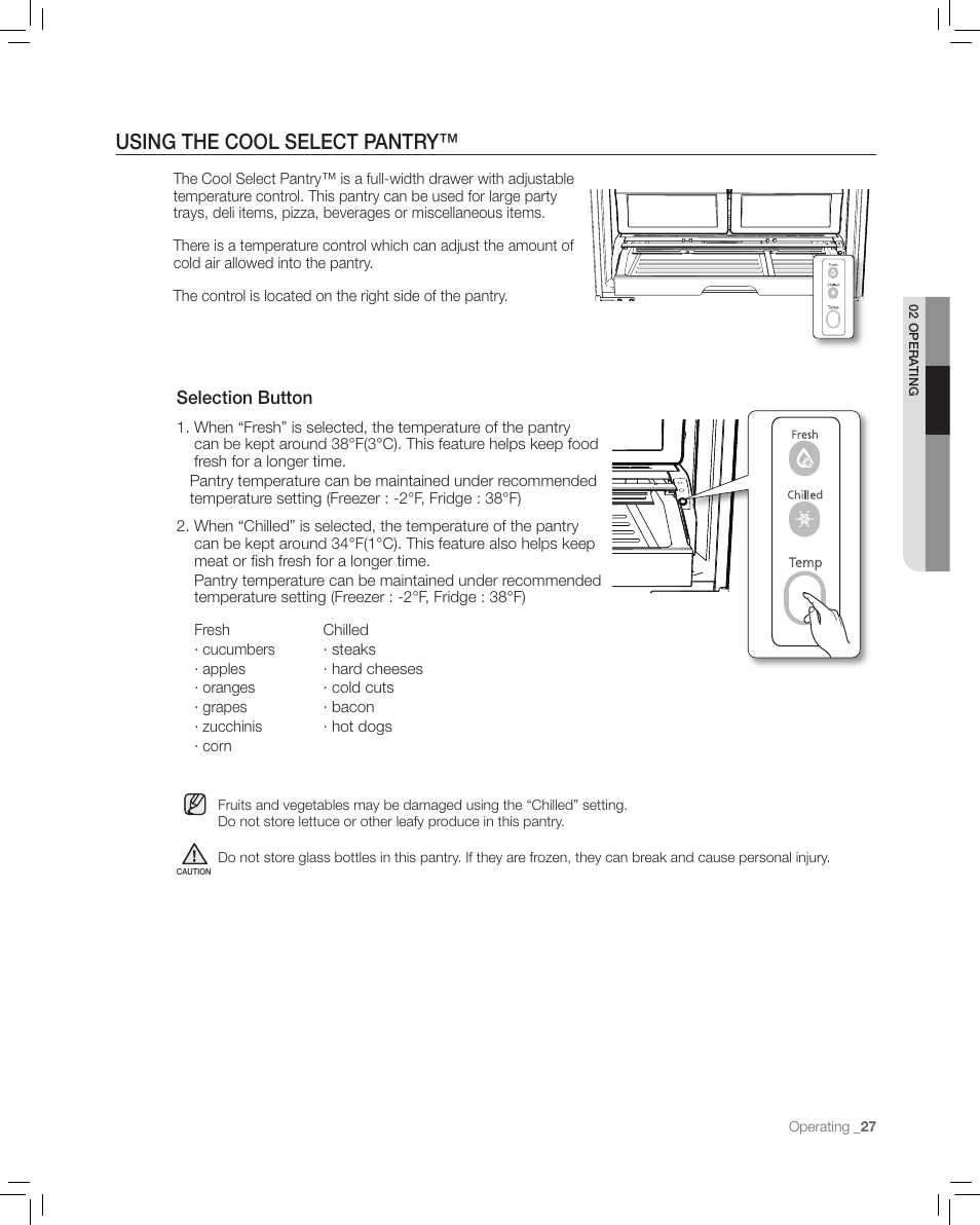 Using the cool select pantry, Selection button | Samsung RF265AA User Manual | Page 27 / 36