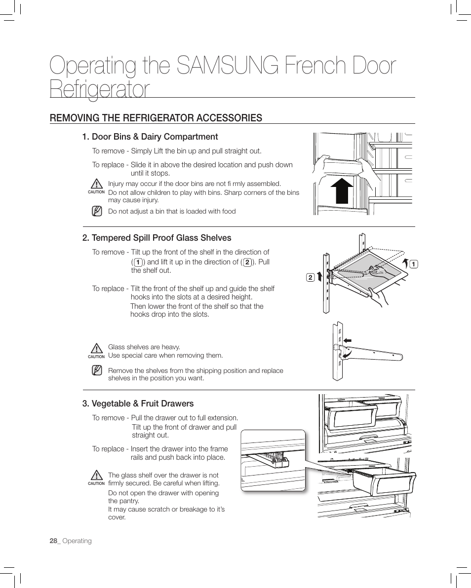 Removing the refrigerator accessories, Operating the samsung french door refrigerator | Samsung RF265AA User Manual | Page 28 / 36