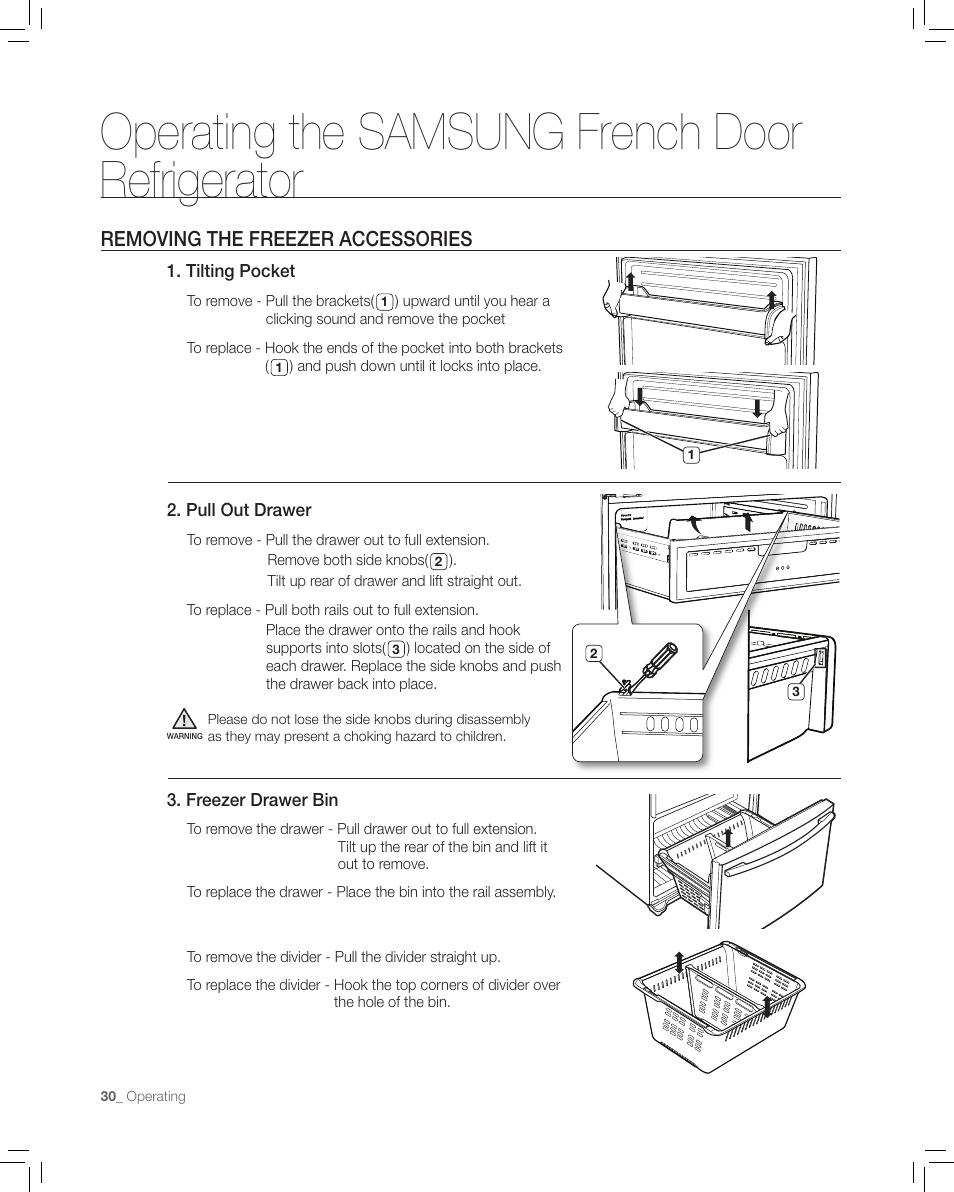 Removing the freezer accessories, Operating the samsung french door refrigerator | Samsung RF265AA User Manual | Page 30 / 36