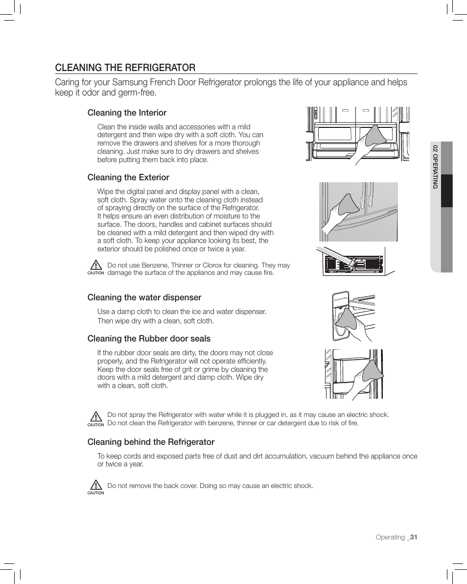 Cleaning the refrigerator, 1 inch, 1 inch 1/2 inch | Cleaning the interior, Cleaning the exterior, Cleaning the water dispenser, Cleaning the rubber door seals, Cleaning behind the refrigerator | Samsung RF265AA User Manual | Page 31 / 36