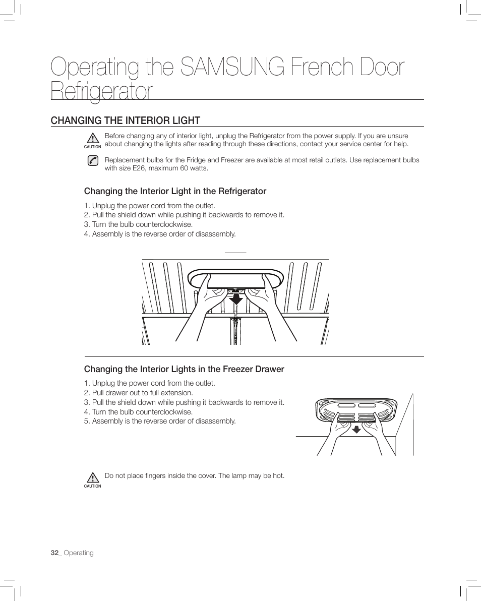 Changing the interior light, Operating the samsung french door refrigerator | Samsung RF265AA User Manual | Page 32 / 36