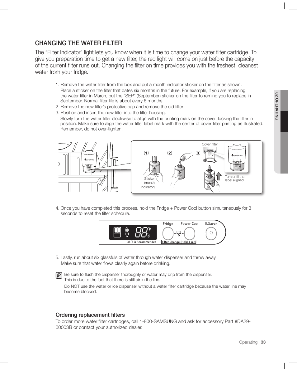 Changing the water filter, Ordering replacement fi lters | Samsung RF265AA User Manual | Page 33 / 36