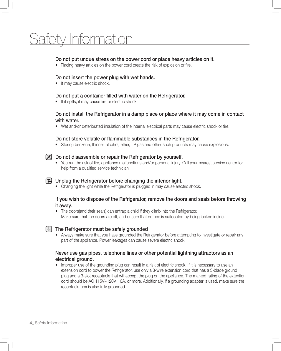 Safety information | Samsung RF265AA User Manual | Page 4 / 36