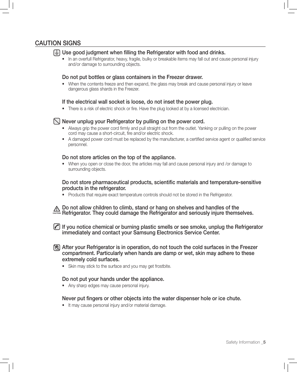 Caution signs | Samsung RF265AA User Manual | Page 5 / 36