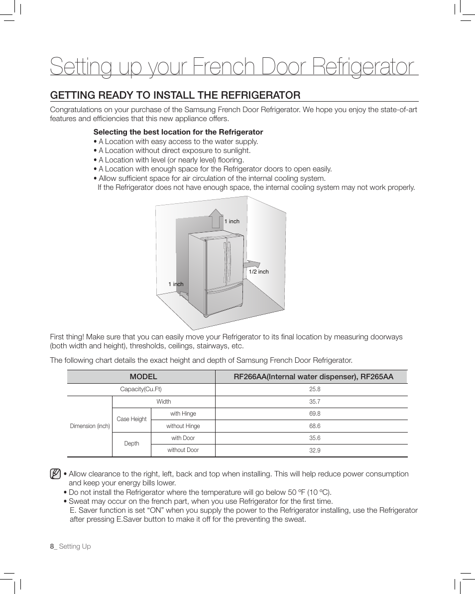 Setting up your french door refrigerator, Geting ready to install the refrigerator, Getting ready to install the refrigerator | Samsung RF265AA User Manual | Page 8 / 36