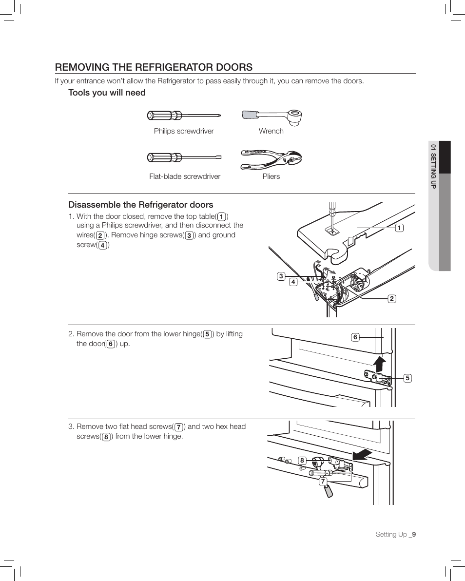 Removing the refrigerator doors, Disassemble the refrigerator doors, Tools you will need | Samsung RF265AA User Manual | Page 9 / 36