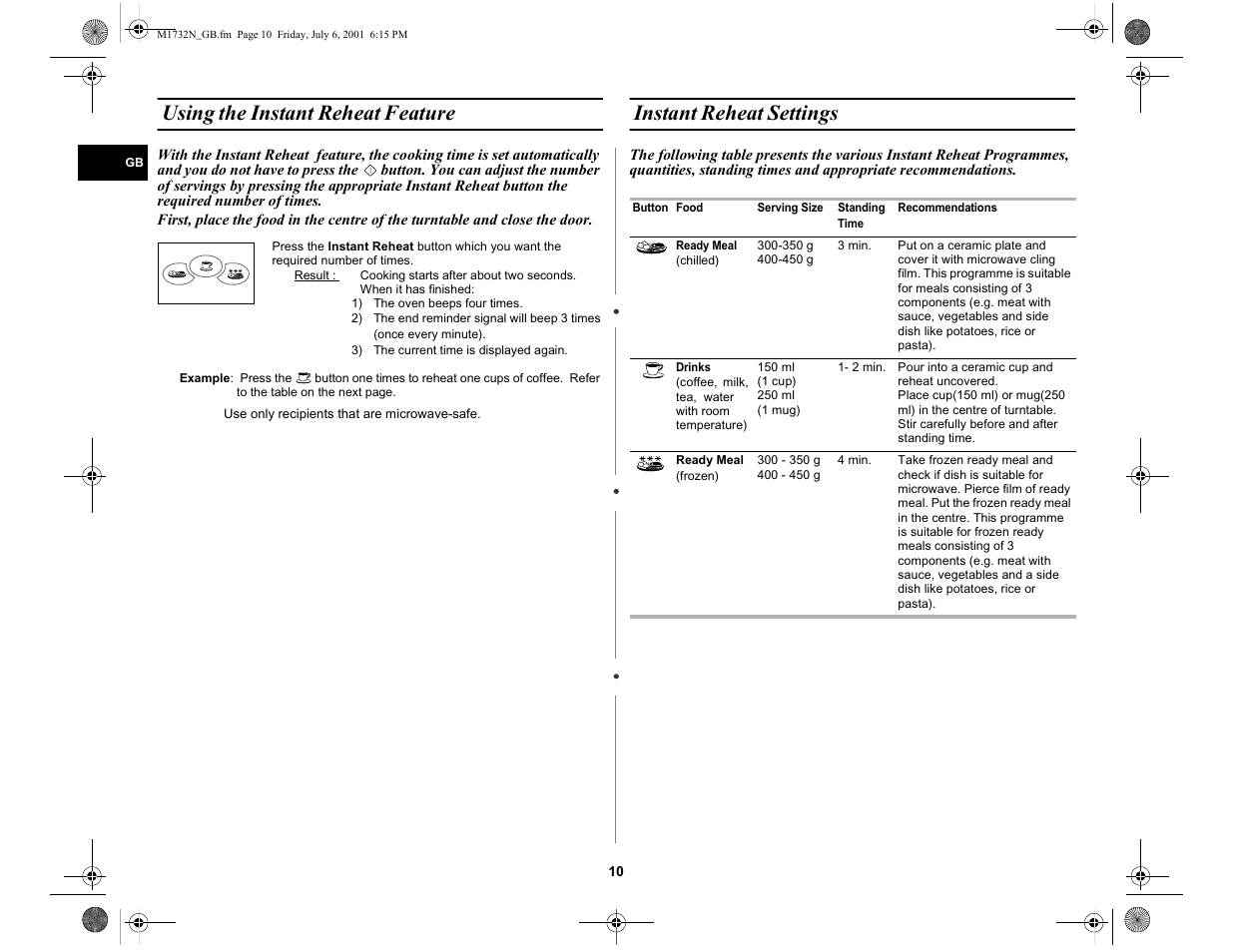 Using the instant reheat feature, Instant reheat settings | Samsung M1732N User Manual | Page 10 / 24