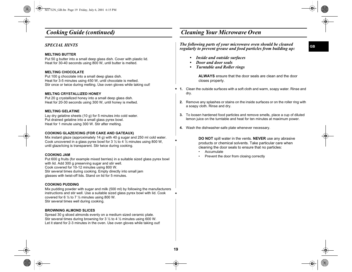 Cooking guide (continued), Cleaning your microwave oven | Samsung M1732N User Manual | Page 19 / 24