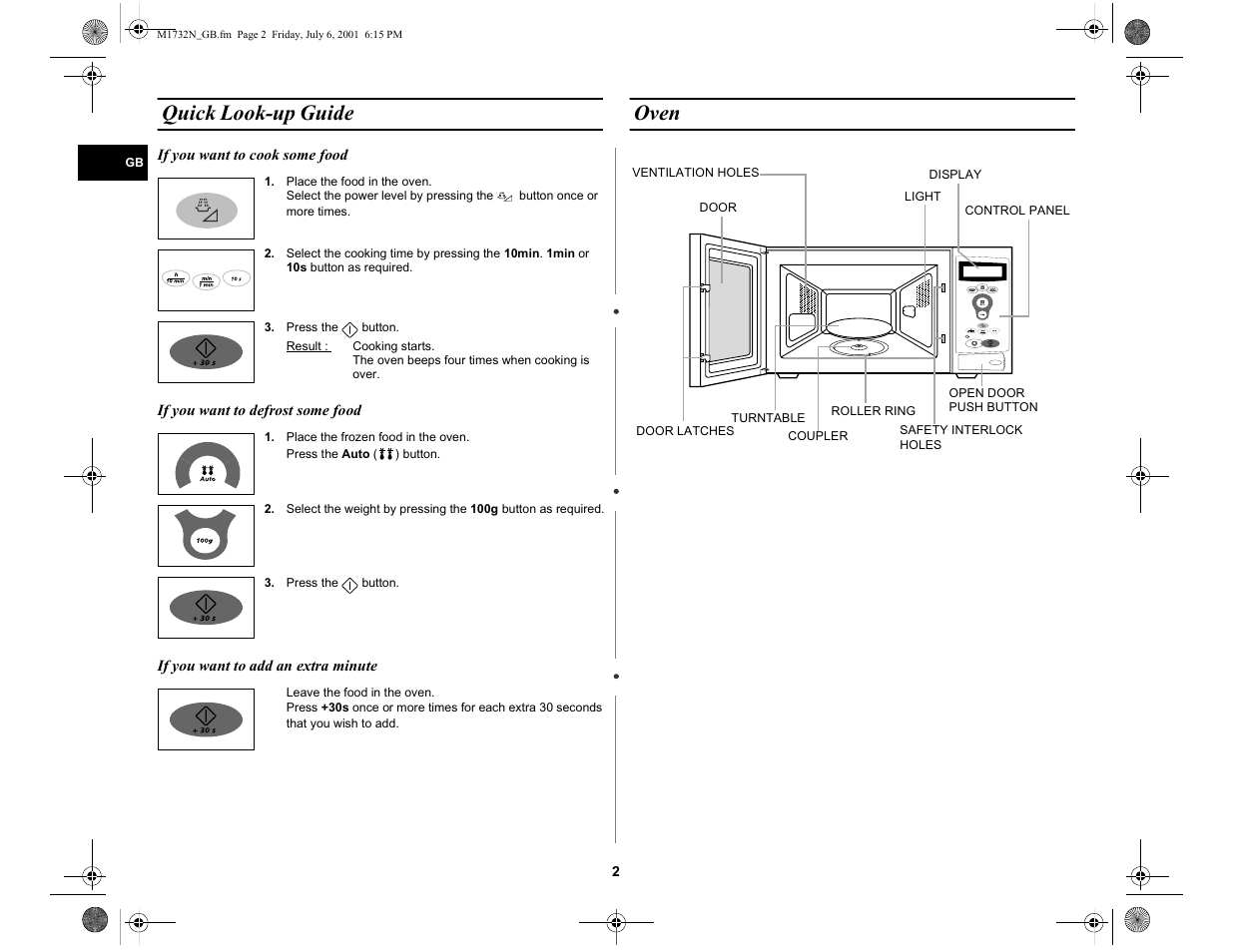 Quick look-up guide, Oven | Samsung M1732N User Manual | Page 2 / 24
