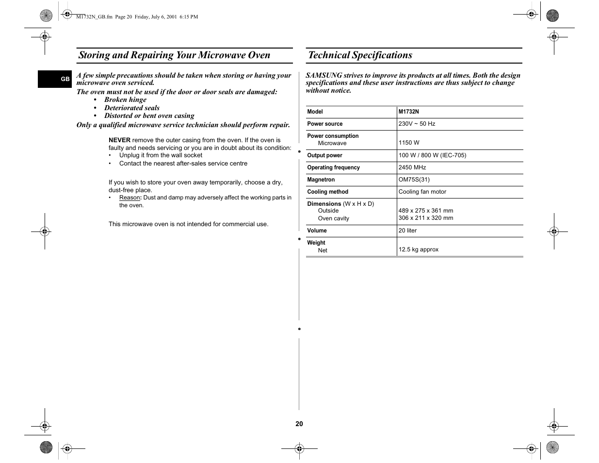 Storing and repairing your microwave oven, Technical specifications | Samsung M1732N User Manual | Page 20 / 24