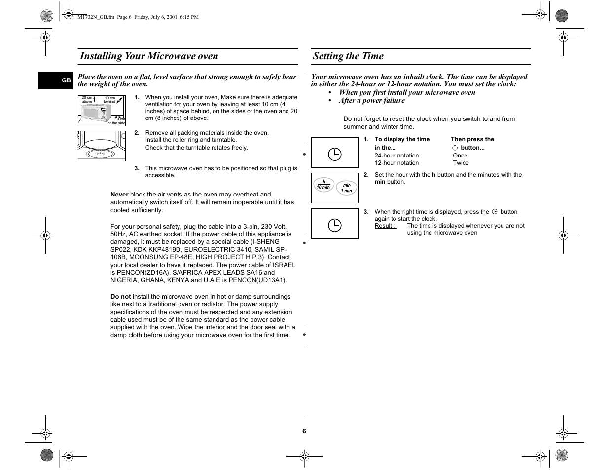 Installing your microwave oven, Setting the time | Samsung M1732N User Manual | Page 6 / 24