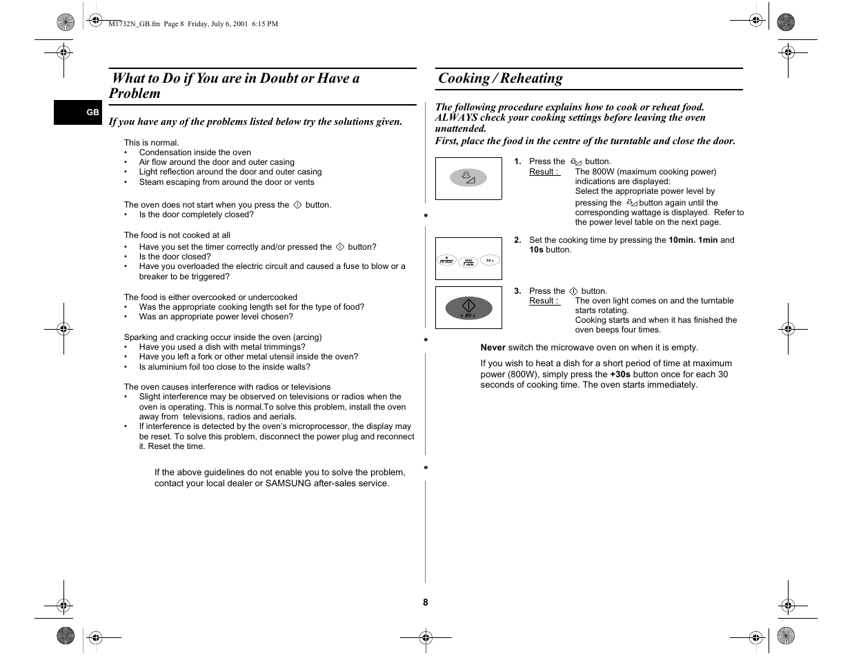 What to do if you are in doubt or have a problem, Cooking / reheating | Samsung M1732N User Manual | Page 8 / 24