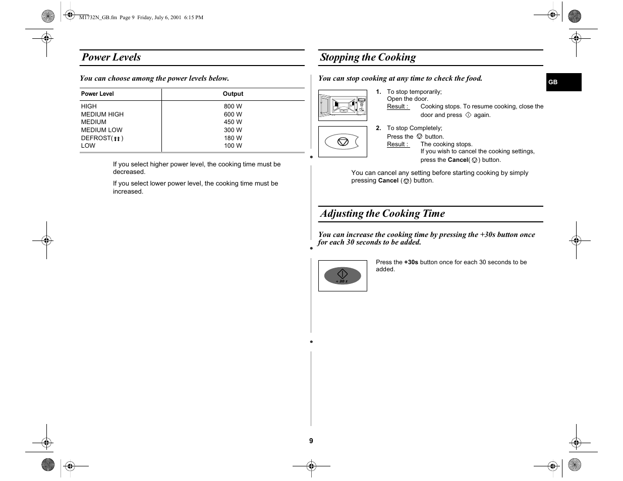 Power levels, Stopping the cooking, Adjusting the cooking time | Samsung M1732N User Manual | Page 9 / 24