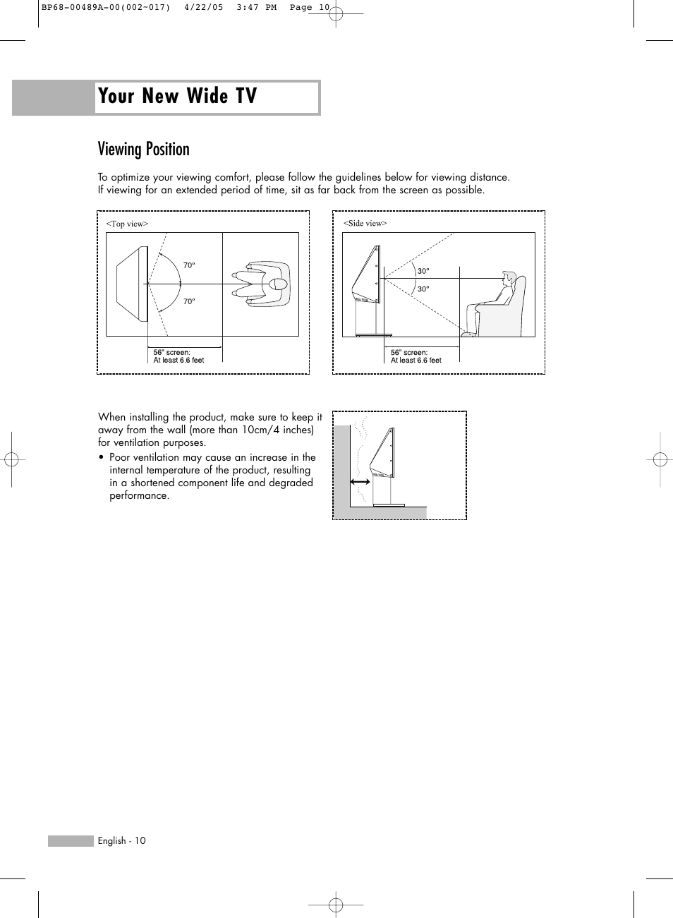 Viewing position, Your new wide tv | Samsung HL-R5688W User Manual | Page 10 / 144
