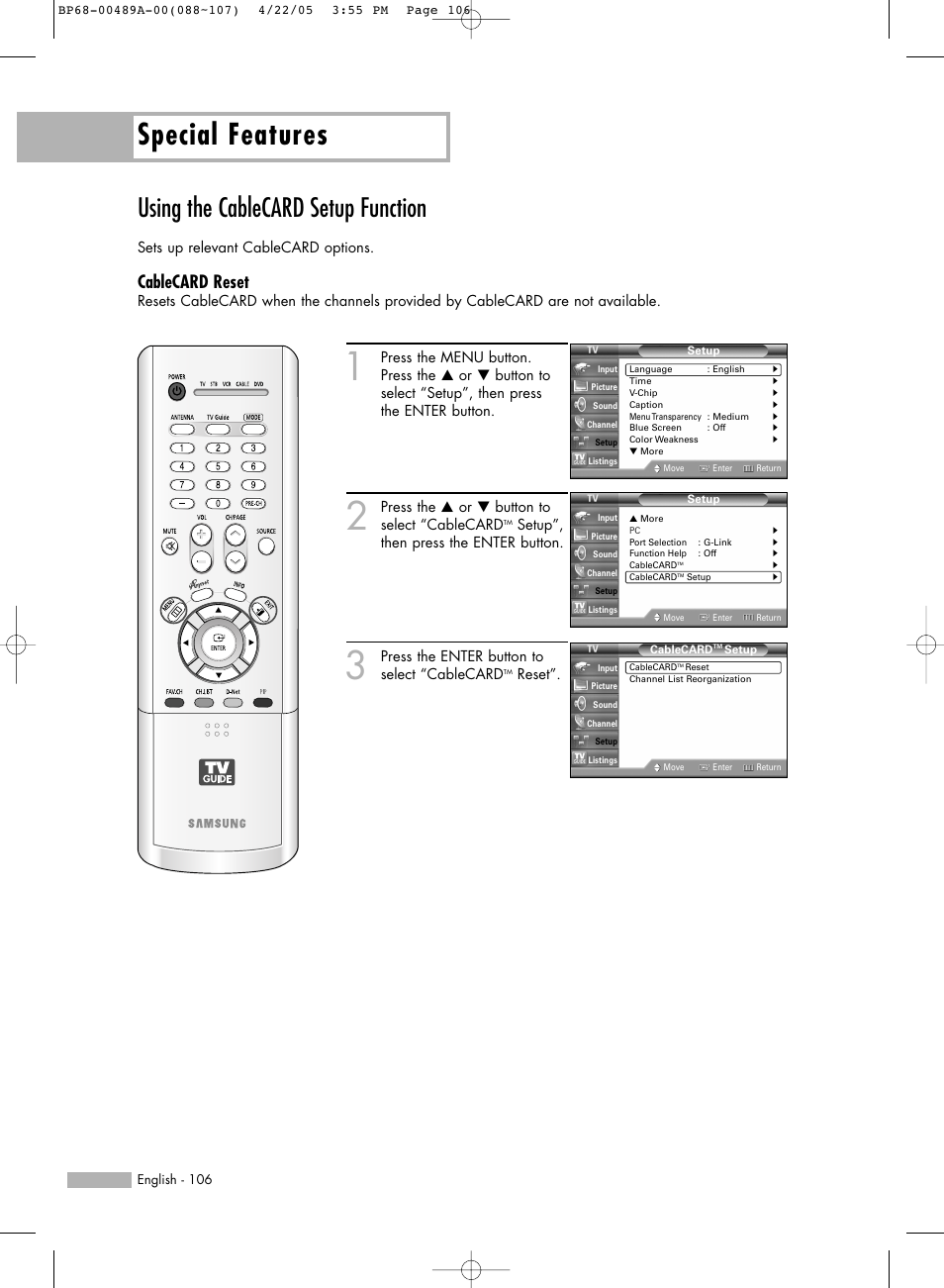 Using the cablecard setup function, Special features, Cablecard reset | Samsung HL-R5688W User Manual | Page 106 / 144