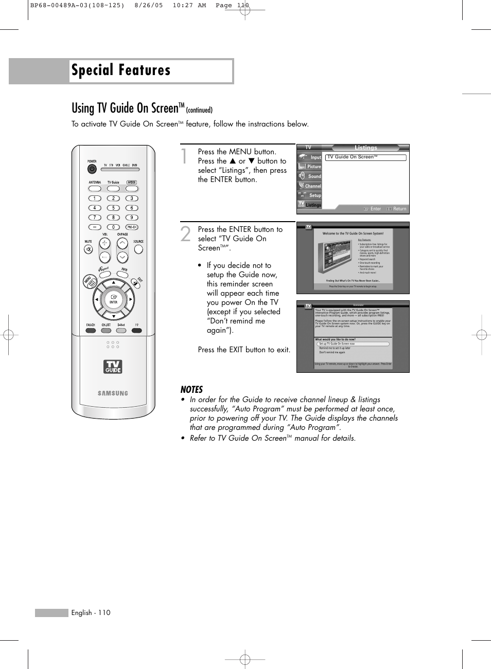 Special features, Using tv guide on screen | Samsung HL-R5688W User Manual | Page 110 / 144