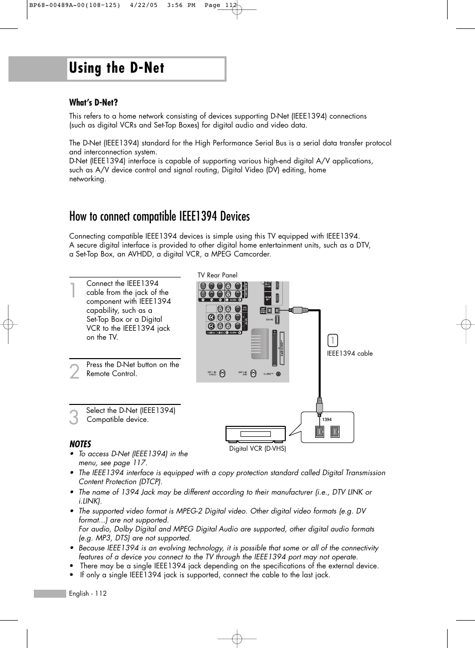 How to connect compatible ieee1394 devices, Using the d-net | Samsung HL-R5688W User Manual | Page 112 / 144