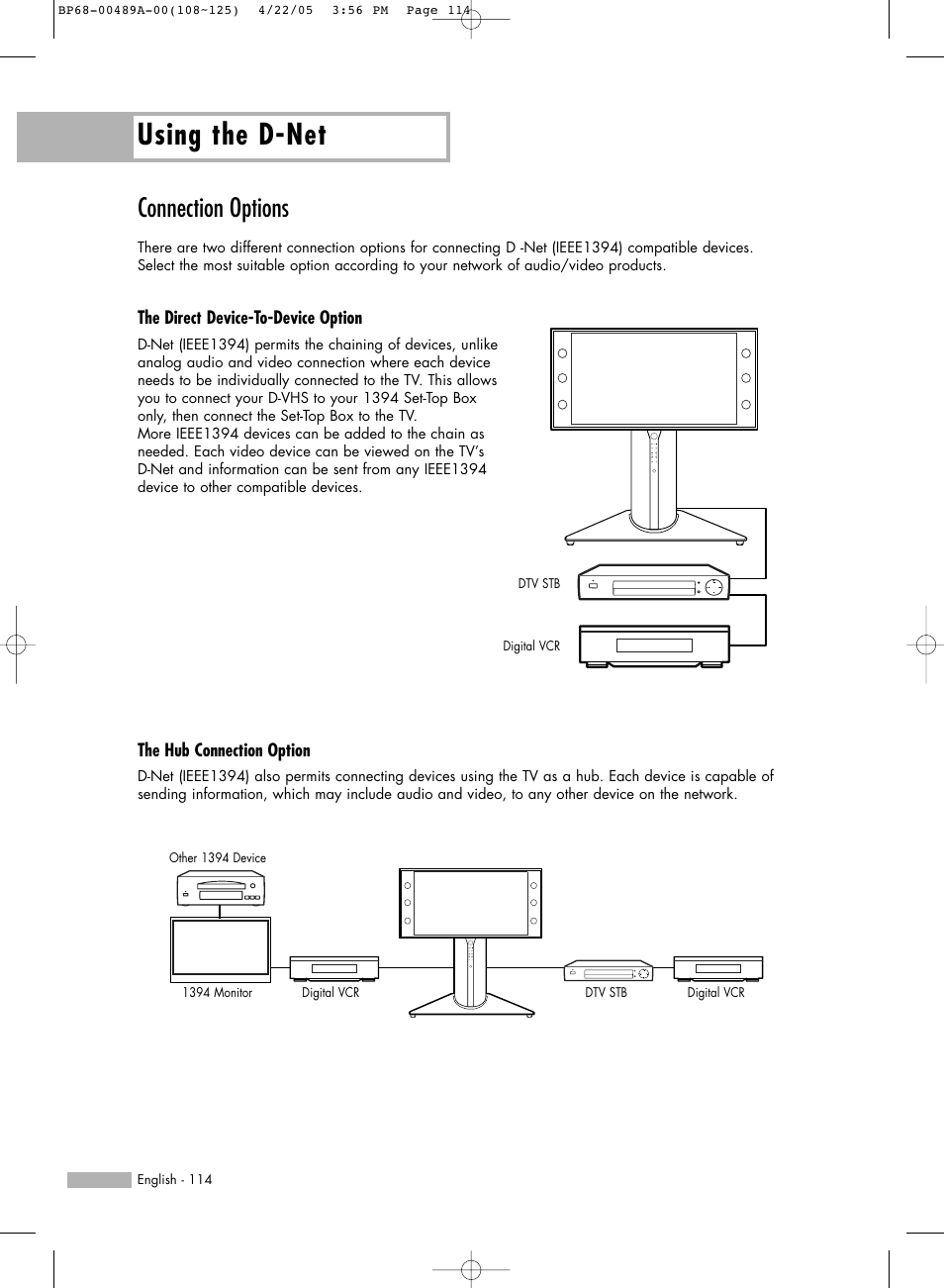 Connection options, Using the d-net | Samsung HL-R5688W User Manual | Page 114 / 144