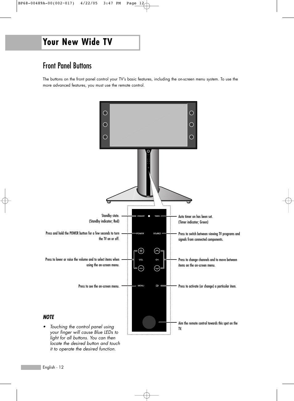 Front panel buttons, Your new wide tv | Samsung HL-R5688W User Manual | Page 12 / 144