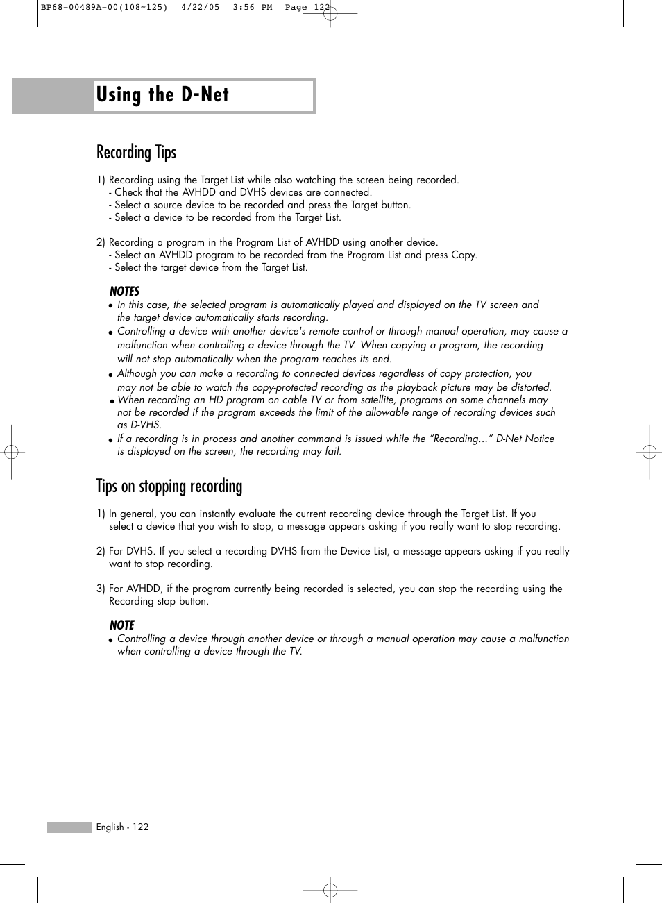 Recording tips, Tips on stopping recording, Using the d-net | Samsung HL-R5688W User Manual | Page 122 / 144