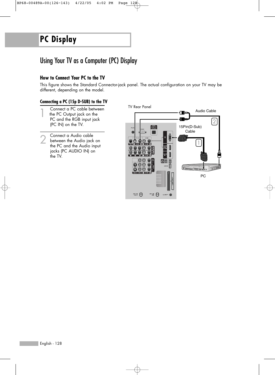 Using your tv as a computer(pc) display, Pc display, Using your tv as a computer (pc) display | Samsung HL-R5688W User Manual | Page 128 / 144
