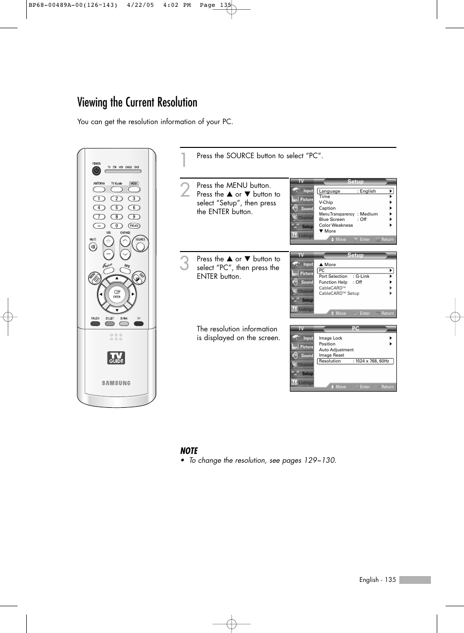 Viewing the current resolution | Samsung HL-R5688W User Manual | Page 135 / 144