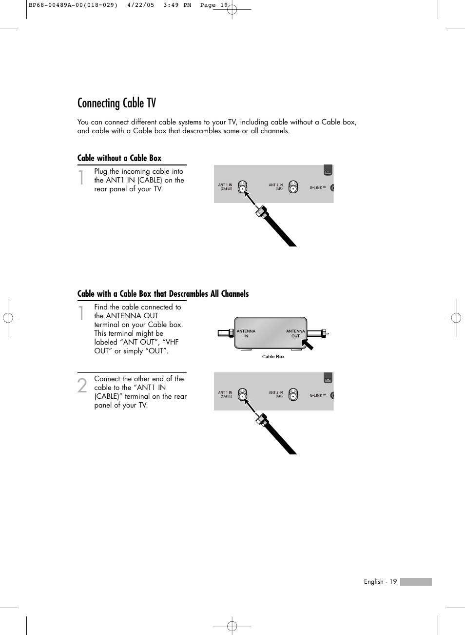 Connecting cable tv, Cable without a cable box | Samsung HL-R5688W User Manual | Page 19 / 144