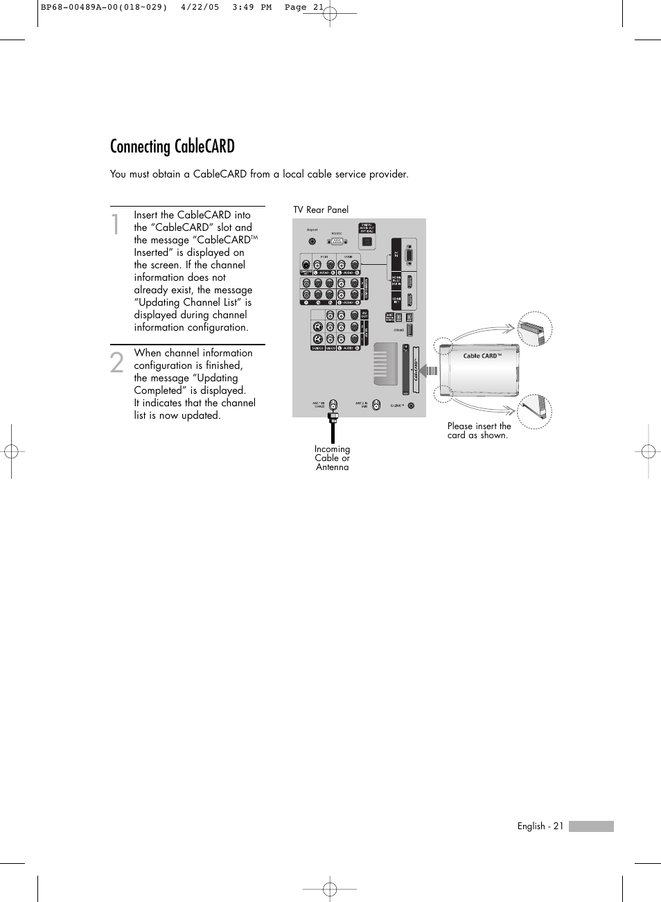Connecting cablecard | Samsung HL-R5688W User Manual | Page 21 / 144