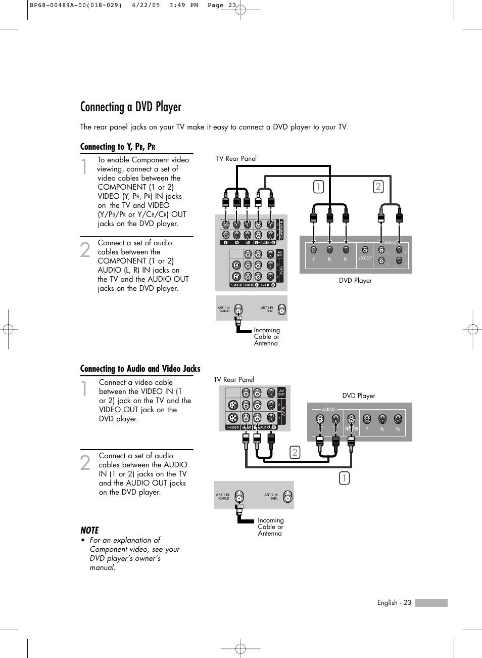 Connecting a dvd player, Connecting to y, pb, pr, Connecting to audio and video jacks | Samsung HL-R5688W User Manual | Page 23 / 144